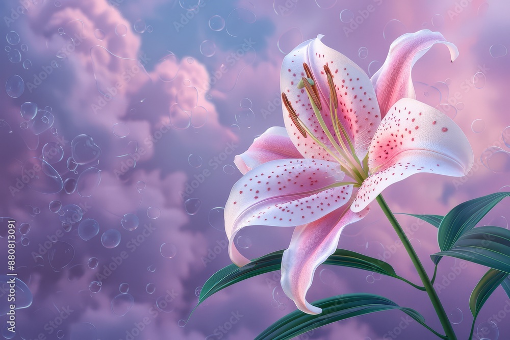 Fototapeta premium A Pink and White Lily Flower with Green Leaves on Stem, Purple Background with Blue Clouds, Realistic Photography, High Definition, Detailed and Vivid.