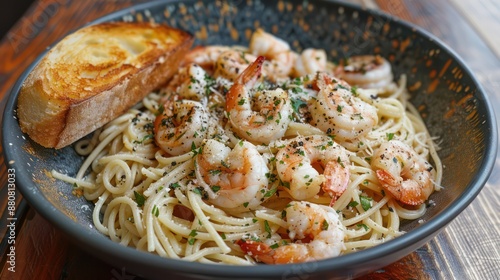 Shrimp Scampi Spaghetti with garlic bread