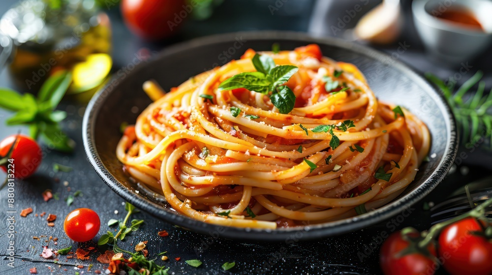 Spaghetti with spicy arrabiata sauce and fresh herbs Spaghetti with spicy arrabiata sauce and fresh herbs