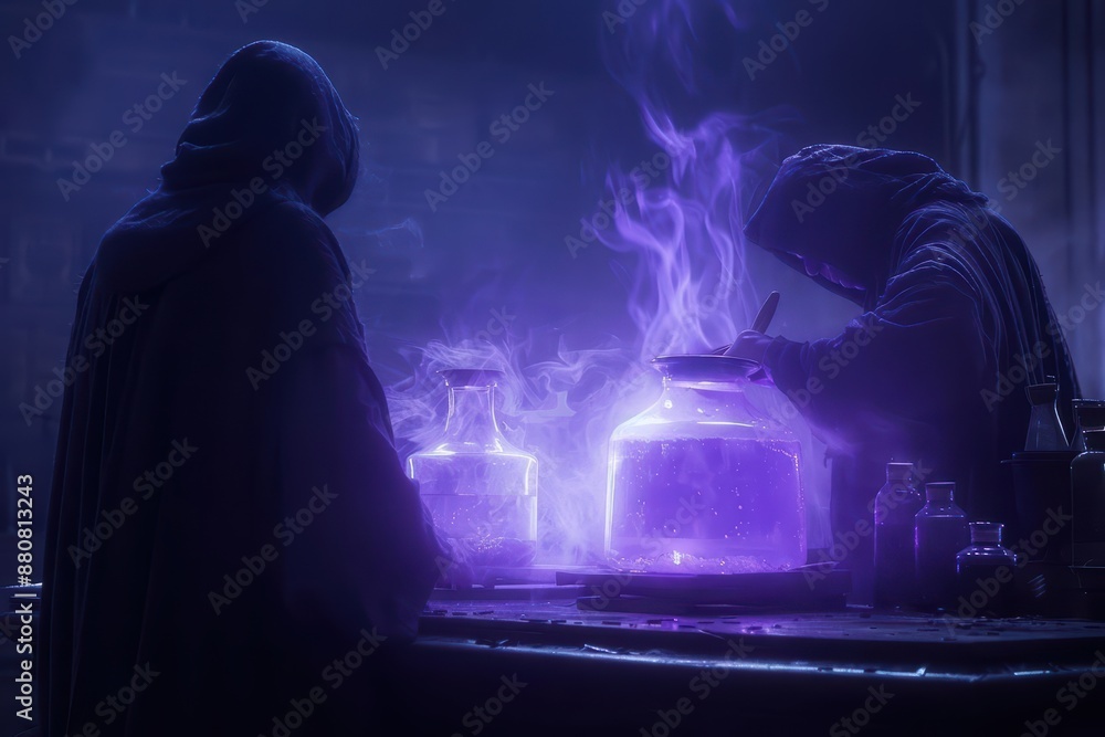 A supernatural scene features mystical apothecaries crafting potions that emit a soft, ethereal light, blending hightech visuals with generous copy space A supernatural scene features mystical apothecaries crafting potions that emit a soft, ethereal light, blending hightech visuals with generous copy space