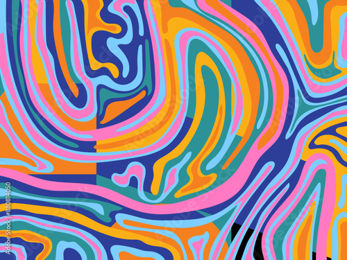 Abstract groovy hippie 70s background. Waves colorful vintage  swirl, twirl ,psychedelic, striped pattern illustration design for wallpaper, web, banner and print.