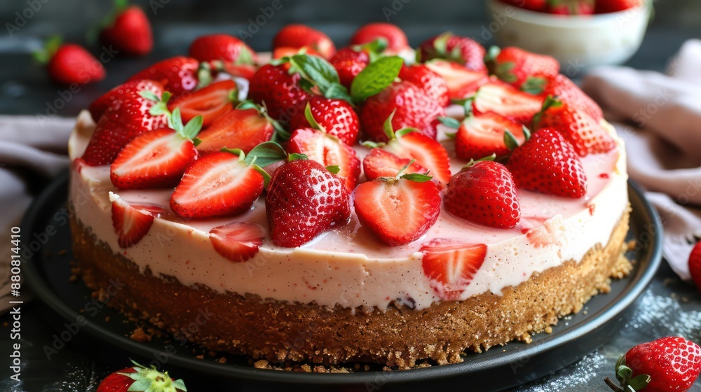 Strawberry cheesecake with a graham cracker crust and fresh strawberries Strawberry cheesecake with a graham cracker crust and fresh strawberries