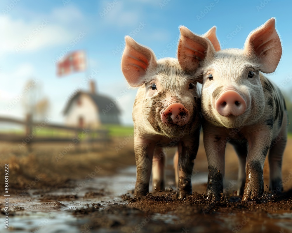 Two pigs standing in mud, one of which is wearing a red hat. Scene is playful and lighthearted Two pigs standing in mud, one of which is wearing a red hat. Scene is playful and lighthearted