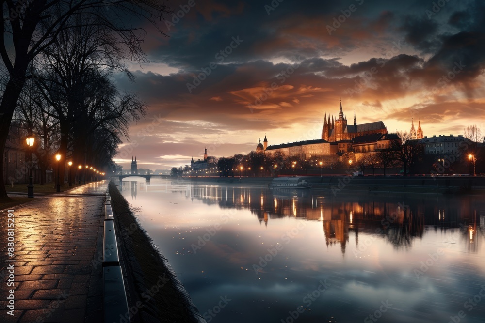 A city with a river running through it and a large castle in the background. The sky is cloudy and the sun is setting A city with a river running through it and a large castle in the background. The sky is cloudy and the sun is setting