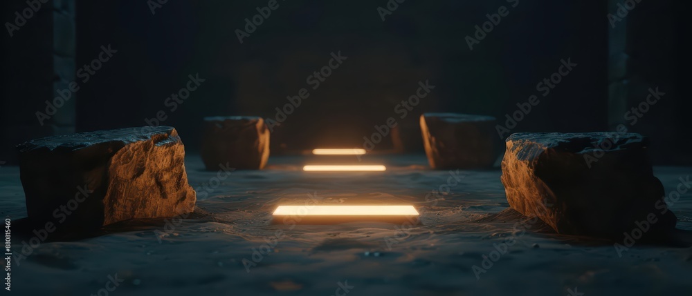 A supernatural scene unveils stones that, upon activation, transform into floating platforms of light, creating a mesmerizing, hightech atmosphere with abundant copy space A supernatural scene unveils stones that, upon activation, transform into floating platforms of light, creating a mesmerizing, hightech atmosphere with abundant copy space