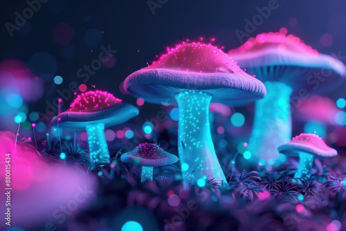 A supernatural scene unfolds with glowing mushrooms and vibrant plants, representing the fusion of natural drug elements and mystical energy, high tech, with copy space