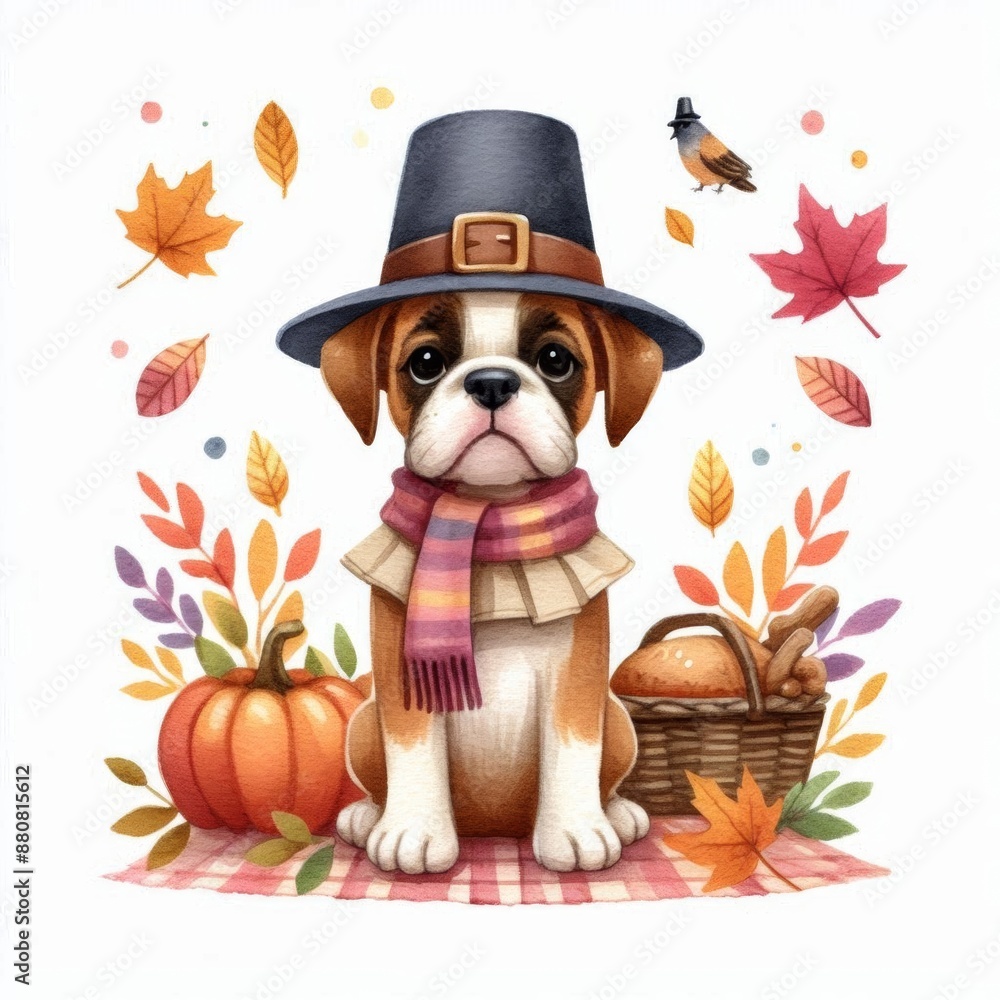 A cute cartoon boxer dog wearing a pilgrim hat and scarf, surrounded by autumn leaves, a pumpkin, and a basket of bread. A cute cartoon boxer dog wearing a pilgrim hat and scarf, surrounded by autumn leaves, a pumpkin, and a basket of bread.