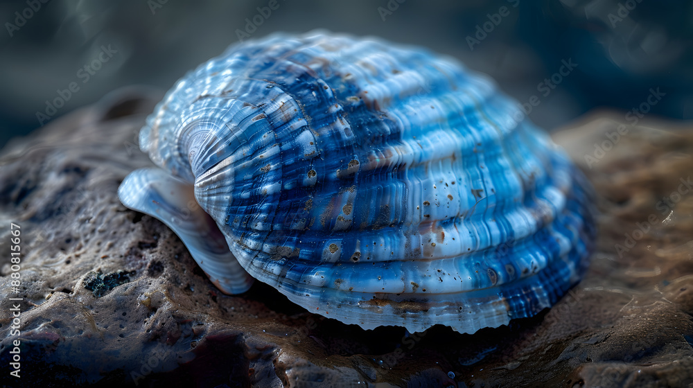 A blue and white shell with a pattern of blue and white stripes A blue and white shell with a pattern of blue and white stripes