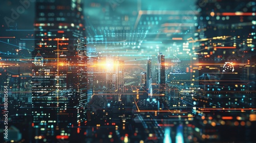 Wallpaper Mural Glowing Future: Vibrant Urban Landscape with Digital Interfaces Torontodigital.ca