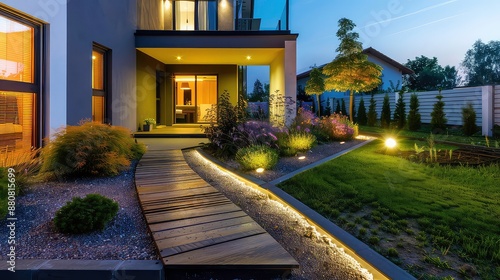 Modern gardening landscaping design details. Illuminated pathway in front of residential house. Landscape garden with ambient lighting system installation highlighting flowers plants. © Fitriyani