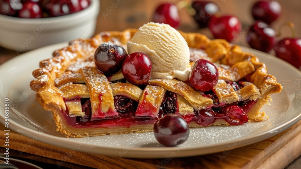 Warm cherry pie with a lattice crust and a scoop of ice cream Warm cherry pie with a lattice crust and a scoop of ice cream