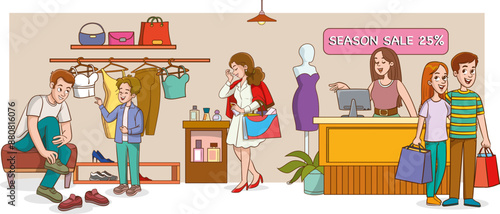 Customers standing in queue to counter with shop assistant. People waiting in line in retail store to buy fashion clothes. Buyers with purchases inside modern mall. Colored flat vector illustration
