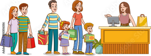 Customers standing in queue to counter with shop assistant. People waiting in line in retail store to buy fashion clothes. Buyers with purchases inside modern mall. Colored flat vector illustration

