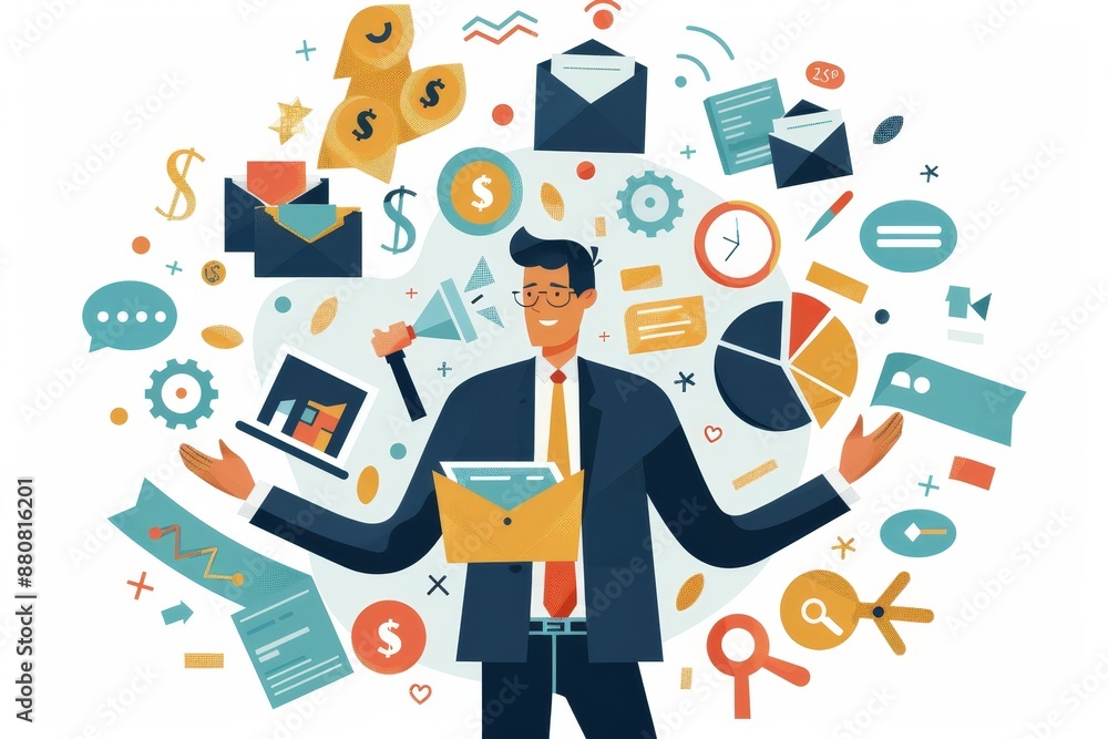 Busy Entrepreneur Balancing Business Tasks and Financial Responsibilities in Flat Design Illustration Busy Entrepreneur Balancing Business Tasks and Financial Responsibilities in Flat Design Illustration
