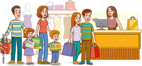 Customers standing in queue to counter with shop assistant. People waiting in line in retail store to buy fashion clothes. Buyers with purchases inside modern mall. Colored flat vector illustration
