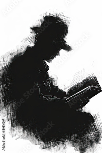 A black and white sketch of a reader lost in a book