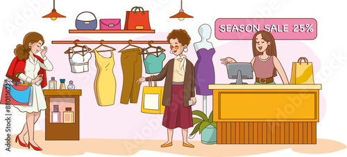 Customers standing in queue to counter with shop assistant. People waiting in line in retail store to buy fashion clothes. Buyers with purchases inside modern mall. Colored flat vector illustration
