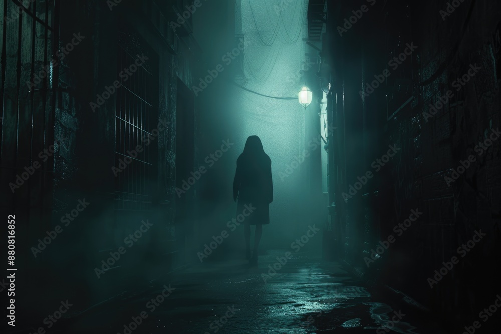 A person is walking down a dimly lit alley, the darkness surrounding them A person is walking down a dimly lit alley, the darkness surrounding them