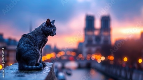 A cat is sitting on a ledge overlooking a city with a beautiful sunset in the background. The cat appears to be looking out over the city, taking in the view. The scene has a peaceful and serene mood photo