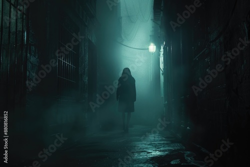 A person is walking down a dimly lit alley, the darkness surrounding them
