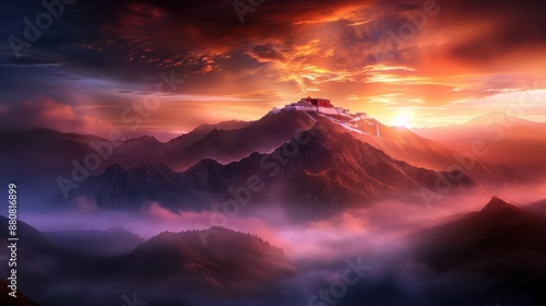 A mountain range with a red and orange sky in the background. The mountains are covered in clouds and the sun is setting