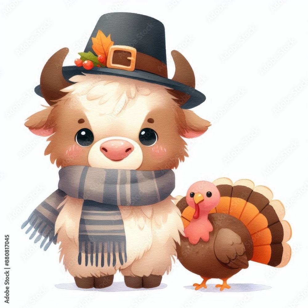 A cute cartoon yak wearing a pilgrim hat and scarf stands next to a turkey. A cute cartoon yak wearing a pilgrim hat and scarf stands next to a turkey.