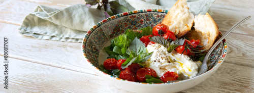 stracciatella cheese with baked tomatoes and ciabatta in a bowl on the table
