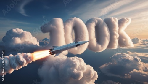 A beautiful, futuristic rocket speeds through the sky, leaving a trail of smoke behind as it passes a billowing cloud formation shaped like 