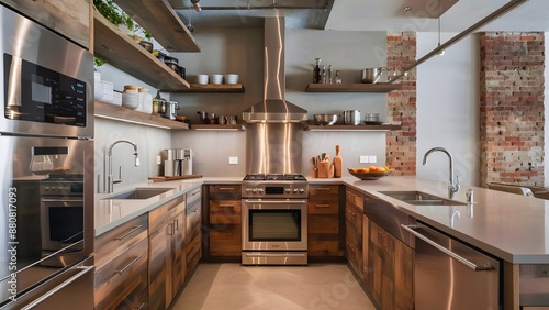 Modern kitchen interior design with a mix of sleek stainless steel appliances with reclaimed wood cabinets and open shelving.