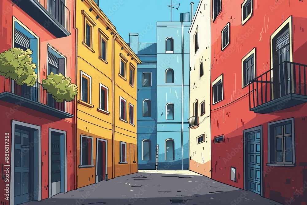 Fototapeta premium Vibrant Cityscape: Modern Urban Scene in Split-Complementary Colors - Flat Design Cartoon Illustration