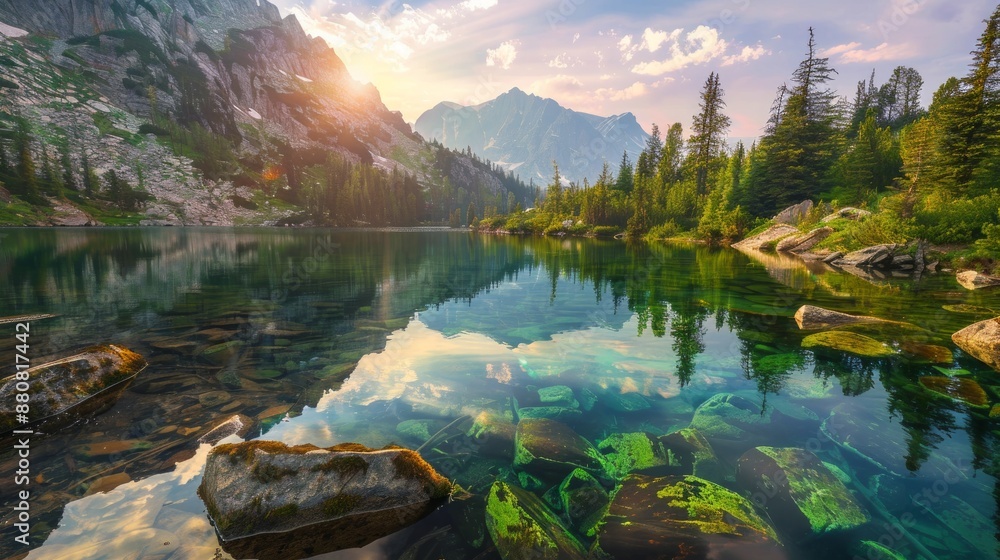 Fototapeta premium Mountain Lake at Sunset with Clear Water