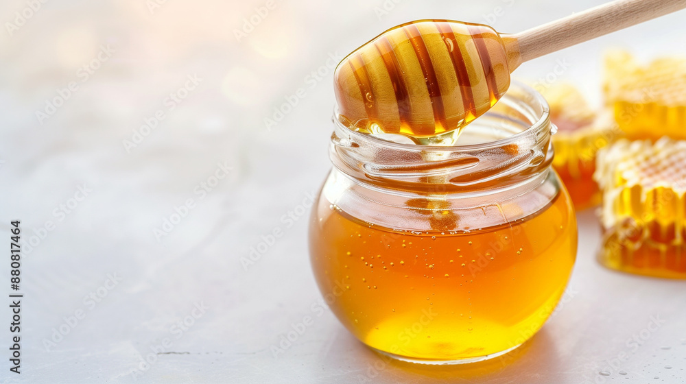 Pure Honey in Glass Jar with Honey Dipper. Fresh Honeycomb Liquid for Healthy Lifestyle Pure Honey in Glass Jar with Honey Dipper. Fresh Honeycomb Liquid for Healthy Lifestyle