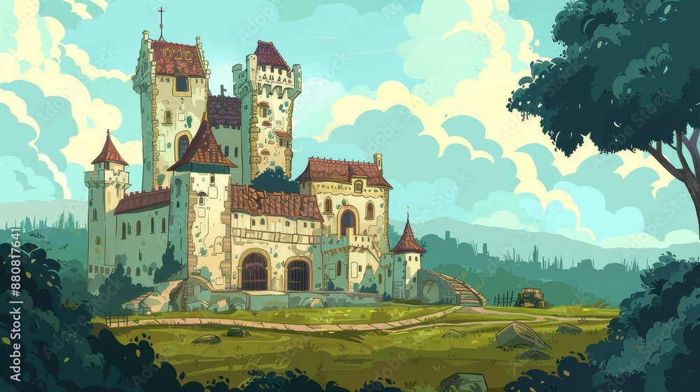 Enchanting Medieval Castle in Colorful Flat Design: Side View Cartoon Drawing with a Historical Twist Enchanting Medieval Castle in Colorful Flat Design: Side View Cartoon Drawing with a Historical Twist
