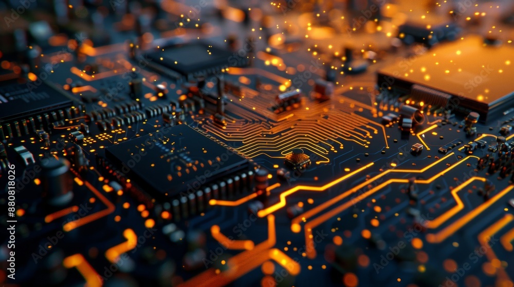 Glowing Circuit Board with Orange Traces Glowing Circuit Board with Orange Traces