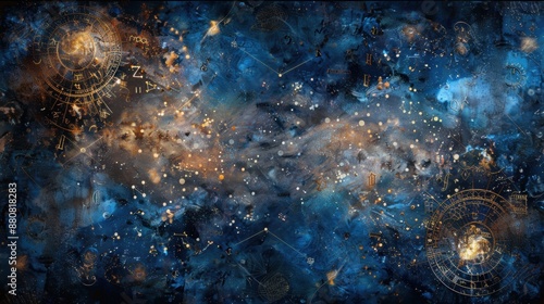 A painting of a galaxy with a lot of stars and constellations. The painting is blue and gold