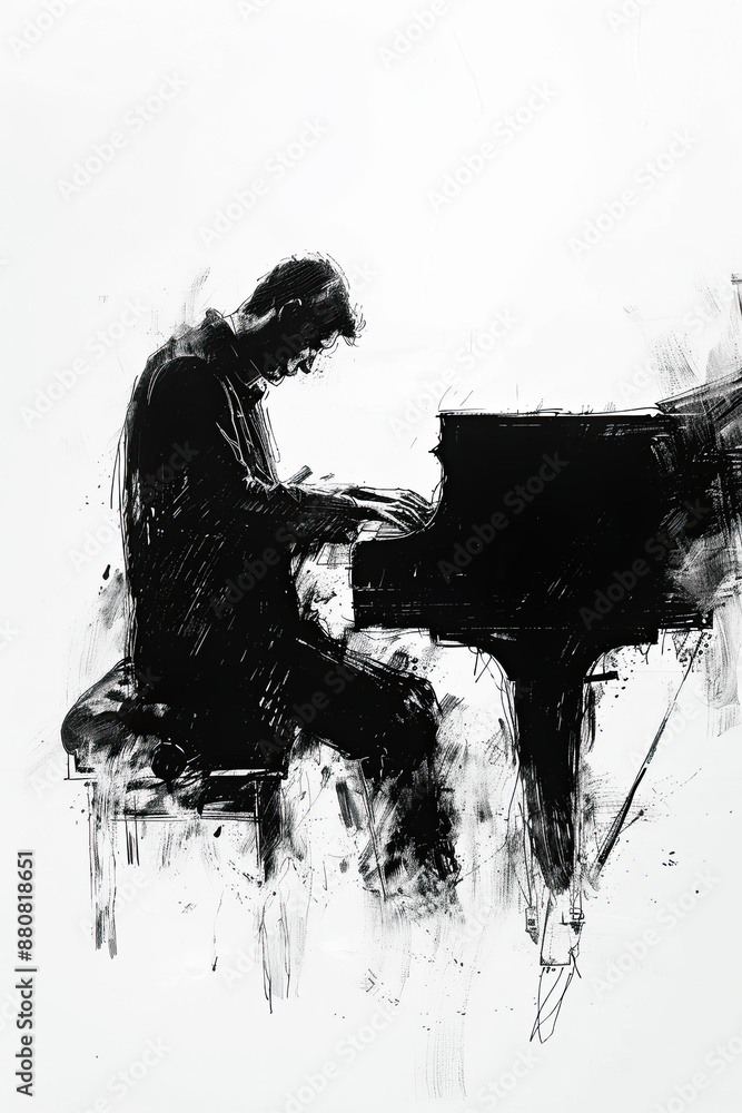 A black and white sketch of a pianist playing A black and white sketch of a pianist playing