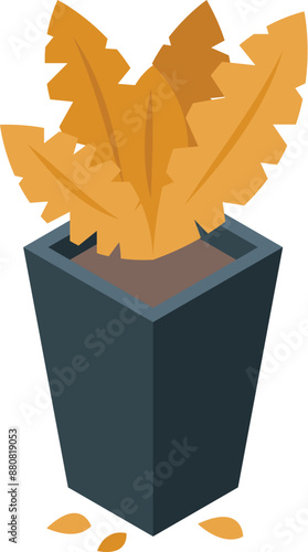 Isometric illustration of a yellow plant losing its leaves in a pot, isolated on white background