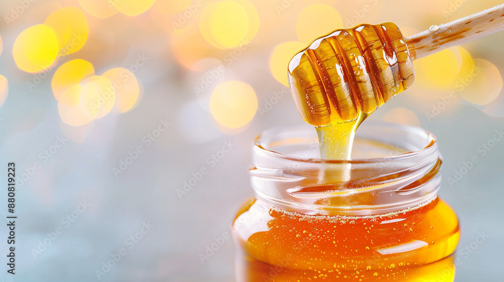 Golden Honey Dripping from Dipper into Jar. Bright and Fresh Honeycomb Image Golden Honey Dripping from Dipper into Jar. Bright and Fresh Honeycomb Image