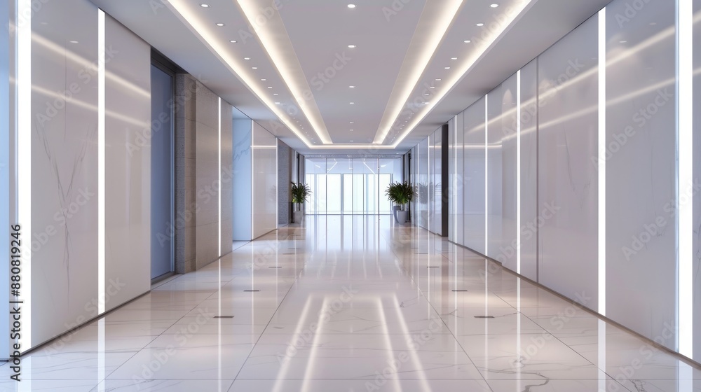 Fototapeta premium Modern Office Hallway with White Walls and Bright Lighting