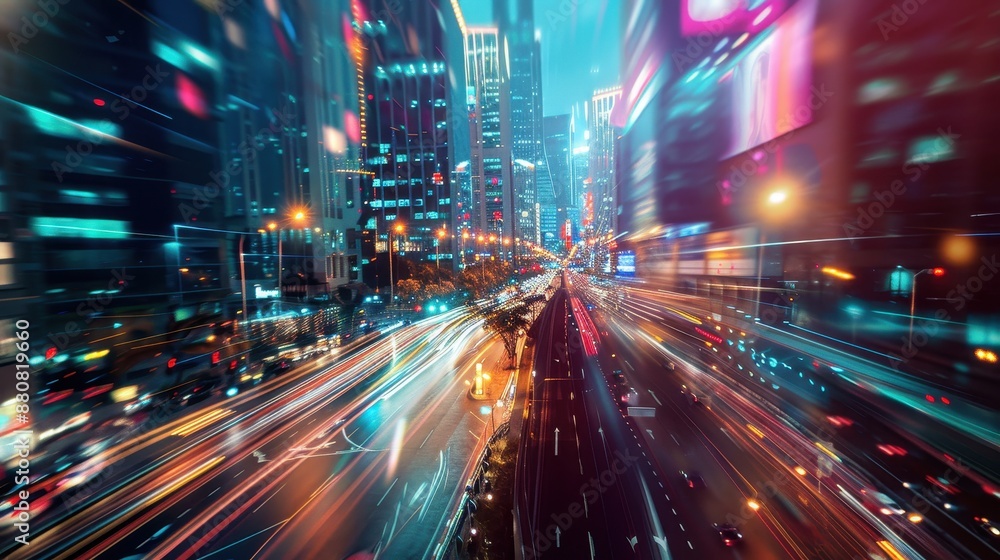 Fototapeta premium Illuminated Future: Vibrant Twilight in Advanced Cityscape