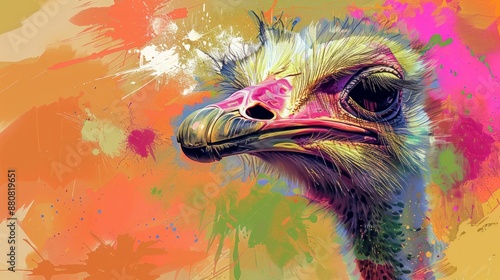 Colorful Ostrich Portrait with Watercolor Splashes photo