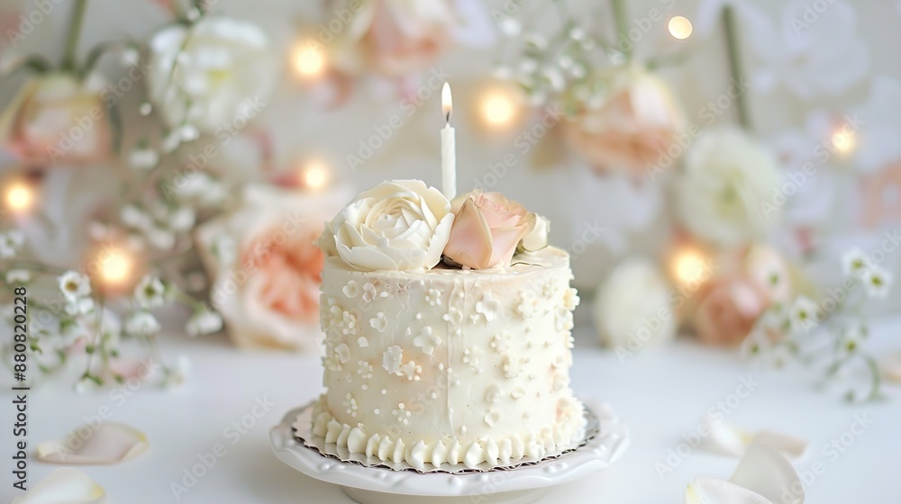 Ivory Small Birthday Cake with Candle on Floral Background Ivory Small Birthday Cake with Candle on Floral Background