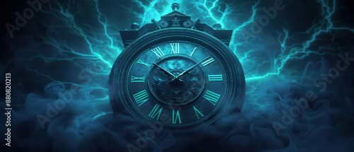 Amidst a supernatural scene, an old towns clock tower sends pulses of mystical energy through the air, synchronizing time in a hightech ambiance with plenty of copy space