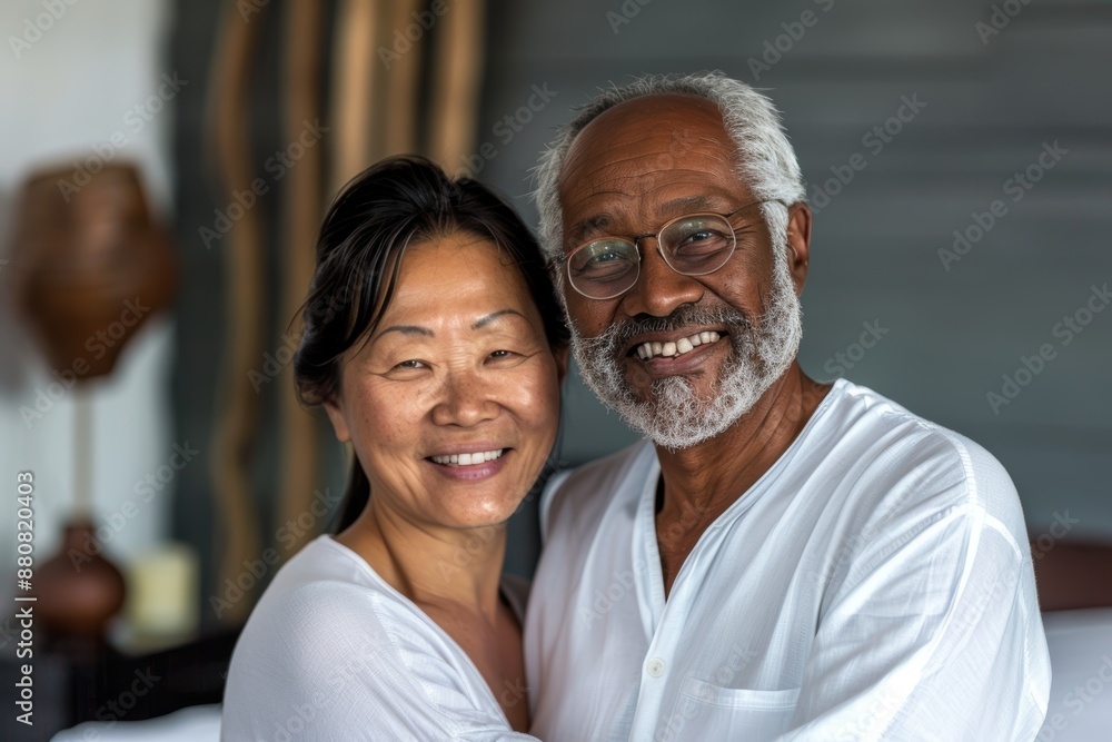 Portrait of a cheerful multiethnic couple in their 60s wearing a simple cotton shirt in soothing spa interior Portrait of a cheerful multiethnic couple in their 60s wearing a simple cotton shirt in soothing spa interior