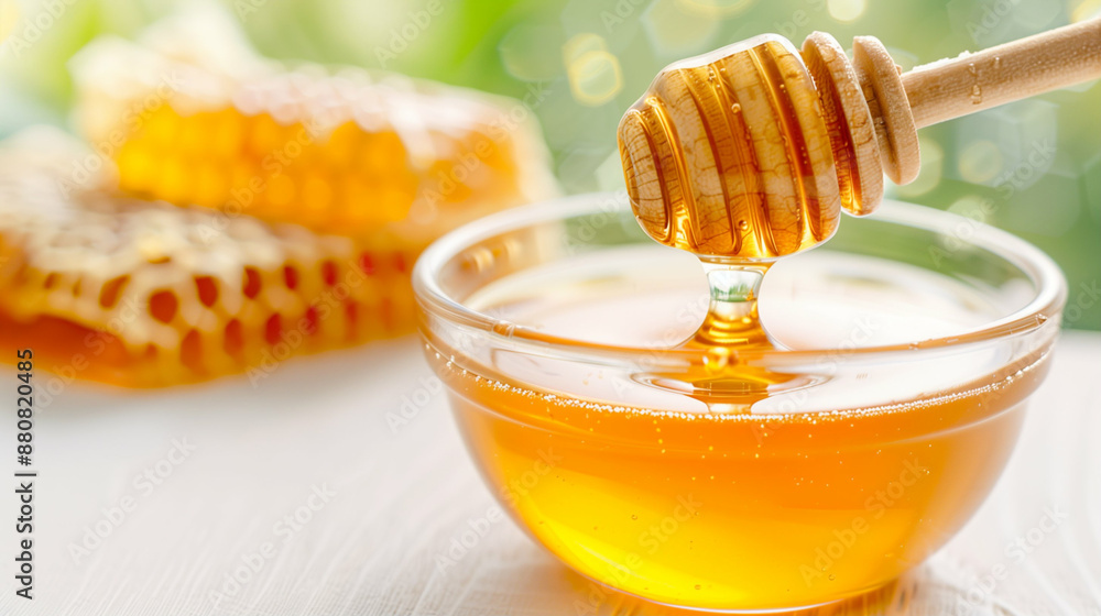Organic Honey and Honeycomb Close Up with Dipper. Sweet and Natural Golden Honey Organic Honey and Honeycomb Close Up with Dipper. Sweet and Natural Golden Honey