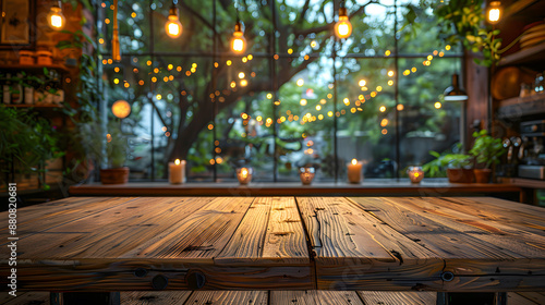 Rustic wooden table with fairy lights background in cozy outdoor setting, perfect for dining and gatherings during warm evenings.