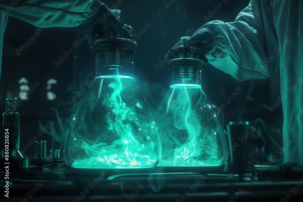 In a supernatural scene, alchemists mix glowing liquids that float in midair, creating swirling, magical reactions, merging a hightech aesthetic with ample copy space In a supernatural scene, alchemists mix glowing liquids that float in midair, creating swirling, magical reactions, merging a hightech aesthetic with ample copy space