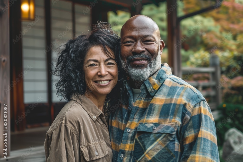 Portrait of a satisfied multiethnic couple in their 30s dressed in a relaxed flannel shirt on backdrop of a traditional japanese garden Portrait of a satisfied multiethnic couple in their 30s dressed in a relaxed flannel shirt on backdrop of a traditional japanese garden