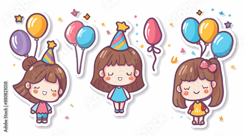birthday girl Icon, Funny  Cartoon Kawaii Character, Chibi Sticker Collection 
