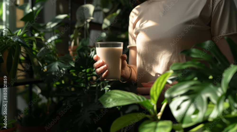 Healthy Lifestyle Concept with Person Enjoying a Protein Shake Surrounded by Indoor Plants Healthy Lifestyle Concept with Person Enjoying a Protein Shake Surrounded by Indoor Plants